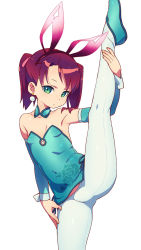 Rule 34 | 1girl, animal ears, armpits, bare shoulders, brown hair, china dress, chinese clothes, covered navel, detached collar, detached sleeves, dress, earrings, expressionless, fake animal ears, flat chest, flats, foot out of frame, green eyes, hairband, highres, jewelry, leg lift, leg up, looking at viewer, om (nk2007), pantyhose, rabbit ears, saru getchu, sayaka (saru getchu), short dress, short twintails, simple background, solo, split, standing, standing on one leg, standing split, twintails, white background, white pantyhose