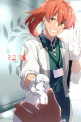 Rule 34 | 1boy, ahoge, coat, commentary request, echo (circa), fate/grand order, fate (series), gloves, green eyes, grin, hair between eyes, holding, holding clothes, holding gloves, id card, indoors, lab coat, long hair, looking at viewer, male focus, messy hair, orange hair, out of frame, ponytail, pov, pov hands, romani archaman, sleeves rolled up, smile, twitter username, white coat, white gloves