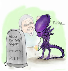 Rule 34 | ..., 1boy, alien (1979), alien (1979), alien (series), bad id, bad pixiv id, bouquet, crying, date range, flower, ghost, grey hair, h.r. giger, old, old man, r.i.p., real life, rest in peace (phrase), sad, see-through, standing, tears, tombstone, xenomorph
