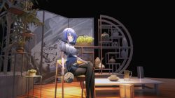 Rule 34 | 1girl, absurdres, alternate costume, azur lane, black pantyhose, black skirt, blue hair, blue ribbon, breasts, capelet, feet out of frame, folding screen, from side, gascogne (azur lane), hand fan, highres, holding, holding fan, ka11 ca, looking at viewer, medium breasts, miniskirt, multicolored hair, pantyhose, plant, potted plant, ribbon, sideways glance, sitting, skirt, solo, streaked hair, table, tiger, yellow eyes