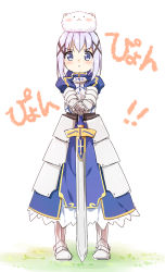 Rule 34 | :&lt;, animal, animal on head, armor, armored boots, armored dress, artoria pendragon (all), artoria pendragon (fate), blue dress, blue eyes, blue hair, blush, boots, breastplate, cosplay, dress, excalibur (fate/stay night), fate (series), gochuumon wa usagi desu ka?, hair ornament, hairclip, hatsunatsu, highres, holding, holding sword, holding weapon, kafuu chino, looking at viewer, on head, outstretched arms, rabbit, rabbit head, saber (fate), saber (fate) (cosplay), standing, sword, weapon