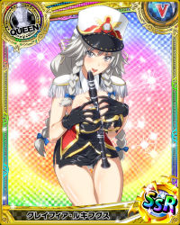 Rule 34 | 10s, 1girl, artist request, band uniform, black gloves, black skirt, braid, breasts, card (medium), character name, chess piece, clarinet, female focus, flute, gloves, grayfia lucifuge, grey eyes, grey hair, hat, high school dxd, instrument, large breasts, lipstick, makeup, matching hair/eyes, official art, queen (chess), red lips, shako cap, skirt, solo, torn clothes, trading card, twin braids