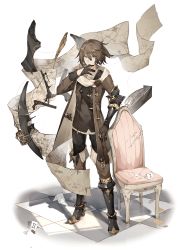 Rule 34 | 1boy, boots, brown eyes, brown hair, chair, food fantasy, full body, hair between eyes, highres, jingzhongyin, looking at viewer, official art, pale skin, sachertorte (food fantasy), second-party source, short hair, solo, thighhighs, transparent background