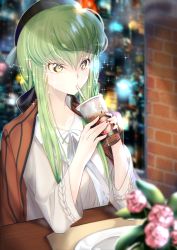 Rule 34 | 1girl, absurdres, ahoge, blurry, bokeh, brick, budgiepon, c.c., code geass, condensation, cosplay request, depth of field, drinking, drinking straw, flower, food request, green hair, hair between eyes, hat, highres, hololive, jacket, jacket on shoulders, long hair, raised eyebrow, rose, shirakami fubuki, shirakami fubuki (street), shirt, solo, very long hair, virtual youtuber, white shirt, wide sleeves, yellow eyes