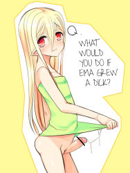 Rule 34 | 1girl, blonde hair, blush, censored, futanari, hard-translated, holding, long hair, looking at viewer, nemu (nora), no testicles, original, penis, pointy ears, precum, red eyes, solo, third-party edit, translated