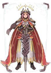 Rule 34 | 1girl, :3, armor, cape, commentary request, crown, dark skin, dark-skinned female, full body, highres, kahill, korean commentary, last origin, long hair, looking at viewer, low-tied long hair, prester johanna, purple hair, red eyes, smile, solo, sword, weapon