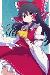 Rule 34 | 1girl, ascot, black hair, bow, collared shirt, commentary, detached sleeves, frilled bow, frilled hair tubes, frilled shirt collar, frills, hair bow, hair tubes, hakurei reimu, highres, long hair, red bow, red eyes, red shirt, red skirt, rei (tonbo0430), ribbon-trimmed sleeves, ribbon trim, sarashi, shirt, skirt, skirt set, sleeveless, sleeveless shirt, solo, touhou, white sleeves, wide sleeves, yellow ascot