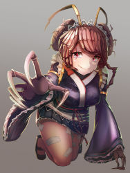 Rule 34 | 1girl, all fours, antennae, arthropod girl, blurry, btraphen, claws, depth of field, entoma vasilissa zeta, frills, highres, lolita fashion, looking at viewer, maid, maid headdress, monster girl, outstretched arm, overlord (maruyama), red eyes, red hair, revision, smile, solo, wa lolita