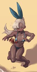 Rule 34 | 1girl, absurdres, assisted exposure, asymmetrical bangs, barefoot, bikini, bikini pull, blue bikini, blush, breasts, clothes pull, commentary, crab, crying, crying with eyes open, dark-skinned female, dark skin, english commentary, fang, gluteal fold, highres, long hair, micro bikini, noemi alter (piku184), original, piku184, ponytail, pulling another&#039;s clothes, red eyes, scared, small breasts, solo, swimsuit, tears, thigh gap