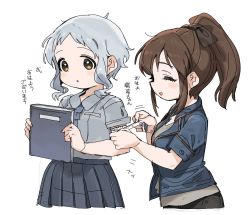 Rule 34 | 2girls, blue jacket, blue necktie, blue skirt, blush stickers, book, bow, brown bow, brown hair, check commentary, closed eyes, commentary request, dot nose, expressionless, grey hair, grey shirt, hair bow, highres, holding, holding book, idolmaster, idolmaster million live!, jacket, long hair, makabe mizuki, multiple girls, necktie, parted lips, pleated skirt, ponytail, satake minako, shirt, short hair, short sleeves, sidelocks, skirt, smile, spawnfoxy, tape measure, translation request, upper body, wavy hair, white background, yellow eyes
