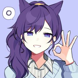 Rule 34 | 1girl, animal ears, asahina mafuyu, blue background, blue cardigan, cardigan, cat ears, commentary, grey shirt, grin, hand up, high ponytail, long hair, long sleeves, looking at viewer, ok sign, playstation symbols, portrait, project sekai, shirt, smile, solo, spoken o, symbol-only commentary, waka (wk4444)
