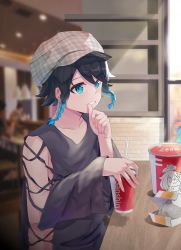 Rule 34 | 1boy, absurdres, beret, black hair, blue eyes, blue hair, braid, chinese commentary, commentary request, contemporary, genshin impact, gradient hair, hat, highres, male focus, milkshake, multicolored hair, paimon (genshin impact), short hair with long locks, solo, teeth, twin braids, venti (genshin impact), wide sleeves, xiachujin