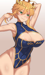 Rule 34 | areola slip, armpits, artoria pendragon (fate), artoria pendragon (lancer) (fate), bare arms, bare hips, bare shoulders, blonde hair, blue leotard, blush, braid, breasts, circlet, cleavage, cleavage cutout, cleft of venus, clothing cutout, colored eyelashes, commentary request, covered erect nipples, covered navel, cowboy shot, fate/grand order, fate (series), gradient background, green eyes, grey background, groin, hair between eyes, heattech leotard, highleg, highleg leotard, large breasts, leotard, long hair, md5 mismatch, nt00, resolution mismatch, revision, sidelocks, solo, source larger, standing, turtleneck