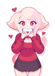 Rule 34 | 1girl, black skirt, blush, cleavage cutout, clothing cutout, heart, highres, joshua pixels, letter, love letter, original, pink hair, pixel art, pleated skirt, red eyes, red sweater, short hair with long locks, skirt, solo, sweater