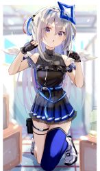 Rule 34 | 1girl, absurdres, amane kanata, amane kanata (work), angel wings, belt, blue hair, colored inner hair, frills, gloves, highres, hololive, long hair, miniskirt, multicolored hair, nosu (pewk x4b), partially fingerless gloves, pouch, purple eyes, shoes, silver hair, single thighhigh, skirt, sleeveless, sneakers, solo, streaked hair, thigh pouch, thigh strap, thighhighs, two side up, virtual youtuber, wings, zettai ryouiki