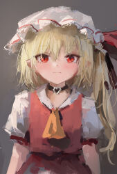 Rule 34 | 1girl, absurdres, ascot, black choker, blonde hair, choker, closed mouth, expressionless, flandre scarlet, hair between eyes, hat, heart, heart choker, highres, light blush, looking at viewer, mob cap, one side up, pointy ears, puffy short sleeves, puffy sleeves, red eyes, red skirt, red vest, reddizen, short sleeves, skirt, skirt set, slit pupils, solo, straight-on, touhou, vest, yellow ascot