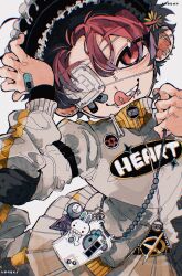 Rule 34 | 1boy, bandaid, bandaid on face, cowboy shot, ear piercing, english text, eyepatch, highres, kpnoks, male focus, medical eyepatch, original, phone, piercing, red eyes, red hair, simple background, solo, tongue, tongue out, white background