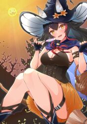 Rule 34 | 1girl, animal ear fluff, animal ears, basket, black gloves, black hair, black leotard, blue capelet, blush, breasts, broom, broom riding, can, capelet, cleavage, fingerless gloves, gloves, hat, highres, holding, holding basket, holding can, hololive, large breasts, leotard, long hair, multicolored hair, nail polish, ookami mio, open mouth, orange skirt, red nails, skirt, smile, streaked hair, sun, thigh strap, virtual youtuber, witch, witch hat, wolf ears, wolf girl, yaki no yaki, yellow eyes