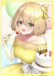 Rule 34 | 1girl, absurdres, balloon, birthday cake, blonde hair, blush, bow, breasts, cake, collarbone, dress, food, food-themed hair ornament, fork, fruit, green eyes, hair bun, hair ornament, happy birthday, highres, holding, holding fork, horo 27, leaning forward, lemon hair ornament, medium breasts, off-shoulder dress, off shoulder, satsuki lemon, short hair, single hair bun, solo, strawberry, virtual kouhou taishi project, virtual youtuber, white bow