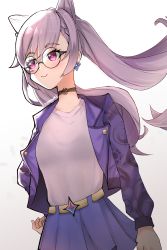 Rule 34 | 1girl, absurdres, alternate costume, blush, breasts, casual, choker, cone hair bun, double bun, earrings, genshin impact, glasses, hair bun, highres, jacket, jewelry, keqing (genshin impact), open clothes, open jacket, purple eyes, purple hair, purple jacket, purple shirt, purple skirt, see-through, shirt, simple background, skirt, smile, solo, twintails, white background, wokiiarts