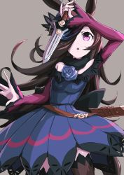 Rule 34 | 1girl, :o, absurdres, animal ears, arm up, bare shoulders, blue dress, blue hat, boushi-ya, breasts, brown hair, brown thighhighs, commentary request, dagger, dress, flower, grey background, hair over one eye, hat, hat flower, highres, holding, holding dagger, holding knife, holding weapon, horse ears, horse girl, horse tail, knife, long sleeves, off-shoulder dress, off shoulder, parted lips, purple eyes, rice shower (umamusume), simple background, sleeves past wrists, small breasts, solo, tail, thighhighs, tilted headwear, umamusume, weapon