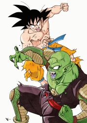 Rule 34 | 2boys, anger vein, antennae, barefoot, black eyes, black hair, bruise, bruise on face, clenched hand, colored skin, commentary request, dragon ball, dragon ball (classic), duel, fangs, green skin, highres, injury, kakeru (dbskakeru), male focus, multiple boys, muscular, muscular male, open mouth, pants, piccolo, pointy ears, son goku, topless male, torn clothes, torn pants