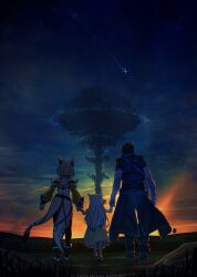Rule 34 | 1boy, 2girls, absurdres, animal ears, cat ears, dress, evening, family, father and daughter, from behind, giant tree, highres, holding hands, husband and wife, long hair, mio (xenoblade), mother and daughter, multiple girls, nia (xenoblade), night, night sky, poteto (potetosarada123), rex (xenoblade), shooting star, sky, star (sky), tree, xenoblade chronicles (series), xenoblade chronicles 2, xenoblade chronicles 3, xenoblade chronicles 3: future redeemed