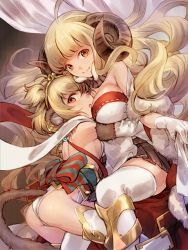 Rule 34 | 10s, 2girls, andira (granblue fantasy), anila (granblue fantasy), animal ears, artist request, ass, bare shoulders, blonde hair, breasts, draph, erune, fur, gloves, granblue fantasy, hairband, horns, large breasts, leotard, long hair, looking at viewer, monkey ears, monkey tail, multiple girls, one eye closed, red eyes, sheep horns, sideboob, sitting, small breasts, smile, tail, thighhighs, thong leotard, very long hair, wavy hair, white gloves, white legwear, yellow eyes