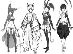 Rule 34 | 1boy, 3girls, animal ears, bad id, bad pixiv id, breasts, cottan, cotton (cottontan), geta, jewelry, looking at viewer, multiple girls, necklace, original, panties, short hair, simple background, standing, sword, tail, thighhighs, underwear, weapon, white background