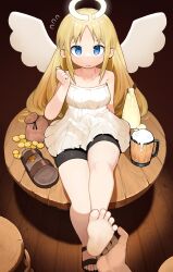 Rule 34 | 1boy, 1other, absurdres, angel wings, barefoot, beer mug, bike shorts, black shorts, blonde hair, blue eyes, blush, breasts, brown footwear, bulge, closed mouth, coin, collarbone, crimvael, cup, dress, embarrassed, erection, erection under clothes, feet, foot up, full body, futa with male, futanari, gold coin, halo, hand up, highres, ishuzoku reviewers, legs, medium breasts, menthako, mug, parted bangs, pov, sandals, shadow, shorts, sidelocks, single sandal, soles, solo focus, spread toes, sweatdrop, table, toenails, toes, unworn sandals, white dress, wings, wooden floor, wooden stool