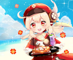 Rule 34 | 1girl, :d, ahoge, arina sei, beach, blue sky, bread, bread slice, brown scarf, cabbie hat, carrying, cloud, cloudy sky, clover print, coat, commentary, cup, drink, drinking glass, fish-flavored toast (genshin impact), fishy toast (genshin impact), food, genshin impact, hair between eyes, hat, hat feather, hat ornament, horizon, ice, ice cube, klee (genshin impact), light brown hair, long hair, long sleeves, looking at viewer, low twintails, open mouth, orange eyes, plate, pocket, pointy ears, red coat, red hat, scarf, sidelocks, sky, smile, solo, sparkle, toast, tray, twintails, wine glass
