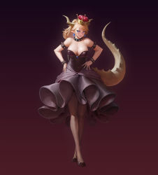 Rule 34 | 1girl, armlet, banajune, bare shoulders, blonde hair, blue eyes, bowsette, bracelet, breasts, cleavage, collar, crossed legs, crown, dress, fangs, full body, hands on own hips, horns, jewelry, large breasts, crossed legs, long hair, looking at viewer, mario (series), new super mario bros. u deluxe, nintendo, open mouth, pantyhose, pointy ears, ponytail, revision, smile, solo, spiked armlet, spiked bracelet, spiked collar, spiked tail, spikes, standing, strapless, strapless dress, super crown, tail, watson cross, white background