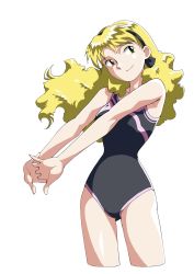 Rule 34 | 1girl, absurdres, black one-piece swimsuit, blonde hair, breasts, commentary request, cracking knuckles, highres, langerhans 2016, lemina ausa, long hair, lunar, lunar 2: eternal blue, official style, one-piece swimsuit, retro artstyle, simple background, smile, solo, swimsuit, white background