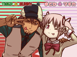 Rule 34 | &gt; o, 10s, 1boy, 1girl, arm around neck, bow, brown eyes, brown hair, crossover, facial hair, goatee, habatakuhituji, hair ribbon, hand on shoulder, hat, kaburagi t. kotetsu, kaname madoka, looking at viewer, mahou shoujo madoka magica, mahou shoujo madoka magica (anime), one eye closed, pink eyes, pink hair, ribbon, school uniform, short twintails, smile, striped, striped background, tiger &amp; bunny, tongue, tongue out, translation request, twintails, v over eye, vest