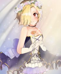 Rule 34 | 1girl, bare shoulders, black choker, blonde hair, blurry, blurry background, blush, breasts, choker, commentary request, cowboy shot, daisy, dress, elbow gloves, flower, gloves, gradient background, hair over one eye, head tilt, head wreath, highres, holding, holding flower, idolmaster, idolmaster cinderella girls, layered dress, light particles, looking at viewer, red eyes, shirasaka koume, short hair, small breasts, smile, solo, strapless, strapless dress, umino hachi, white gloves