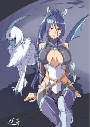 Rule 34 | 1girl, 1other, absol, action taimanin, ass, bare shoulders, blue hair, bodysuit, boots, breasts, claws, cleavage cutout, clothing cutout, color connection, creatures (company), crossover, curvy, game freak, gen 3 pokemon, high heels, high ponytail, highleg, highleg leotard, highres, horns, large breasts, leotard, lips, long hair, looking to the side, nail polish, nintendo, pokemon, pokemon (creature), ponytail, shiny skin, simple background, single horn, sitting, sword, taimanin (series), taimanin rpgx, tanaka ag, uehara rin, very long hair, weapon