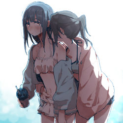 Rule 34 | 2girls, bare shoulders, bikini, blue hair, blush, breasts, brown eyes, cleavage, closed mouth, collarbone, commentary request, cup, drink, embarrassed, grey hair, hair between eyes, hand on another&#039;s hip, hibike! euphonium, holding, holding cup, jacket, kasaki nozomi, liz to aoi tori, long sleeves, looking at another, looking down, medium hair, multiple girls, navel, off shoulder, open mouth, ponytail, ree (re-19), short ponytail, sidelocks, simple background, small breasts, standing, stomach, swimsuit, white background, yoroizuka mizore, yuri