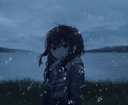 Rule 34 | 1girl, arms at sides, bay, black eyes, black hair, blue coat, coat, day, floating hair, grass, hair over shoulder, highres, horizon, light blush, long hair, long sleeves, looking at viewer, messy hair, muted color, ocean, open mouth, original, outdoors, overcast, scarf, sidelocks, sky, snow on body, snow on head, snowing, solo, standing, striped clothes, striped scarf, takanashi natsuo, upper body