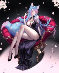 Rule 34 | 1girl, absurdres, animal ear fluff, animal ears, artist name, bare legs, bare shoulders, black dress, black footwear, blue eyes, blue hair, breasts, cleavage, couch, dress, flower, full body, gradient hair, hand up, high heels, highres, knees up, large breasts, long hair, looking at viewer, multicolored hair, on couch, patent heels, petals, pink flower, pink hair, pumps, ringeko-chan, shoes, silvervale, sitting, solo, stiletto heels, tail, very long hair, virtual youtuber, vshojo, wolf ears, wolf girl, wolf tail