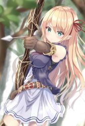 Rule 34 | 1girl, aqua eyes, archery, arisa (shadowverse), armlet, armpit crease, arrow (projectile), belt, blonde hair, blurry, blush, bow (weapon), breasts, commentary request, concentrating, cowboy shot, day, depth of field, drawing bow, dress, elbow gloves, forest, furrowed brow, gloves, hair between eyes, hair ribbon, highres, holding, holding bow (weapon), holding weapon, impossible clothes, kichi (kichifav), layered dress, light frown, long hair, looking at viewer, medium breasts, nature, outdoors, pointy ears, ribbon, shadowverse, solo, weapon, white dress