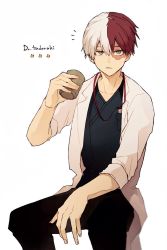 Rule 34 | 1boy, black pants, black shirt, blue eyes, boku no hero academia, breast pocket, burn scar, character name, closed mouth, coat, collarbone, commentary, cup, feet out of frame, grey eyes, hand up, heterochromia, highres, holding, holding cup, id card, invisible chair, lab coat, looking at viewer, male focus, multicolored hair, open clothes, open coat, pants, pocket, red hair, ryo (piggerworld), scar, shirt, short hair, sitting, solo, star (symbol), symbol-only commentary, todoroki shouto, two-tone hair, white background, white hair