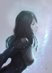 Rule 34 | 1girl, armor, black eyes, black hair, breasts, chaosringen, highres, leaning forward, light particles, lips, long hair, nose, original, pale skin, parted lips, profile, purple background, realistic, science fiction, signature, solo, upper body