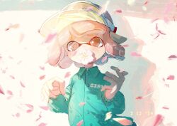 Rule 34 | 1girl, aqua shirt, buttons, collared shirt, commentary, covered mouth, dated, english commentary, falling petals, film grain, flower, flower in mouth, grey eyes, hands up, highres, inkling girl, inkling player character, light blush, long sleeves, looking at viewer, medium hair, mouth hold, nintendo, petals, pink flower, pink hair, pink petals, pointy ears, pppmepl, print shirt, red pupils, shirt, solo, splatoon (series), splatoon 3, tentacle hair, thick eyebrows, upper body, visor cap