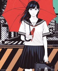 Rule 34 | 1girl, bag, black hair, chain-link fence, closed mouth, collarbone, fence, holding, holding bag, holding umbrella, limited palette, long hair, looking at viewer, neckerchief, original, pleated skirt, red neckerchief, red umbrella, school uniform, short sleeves, skirt, solo, takanashi shin, umbrella, uniform