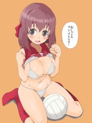 Rule 34 | 1girl, ball, bikini, bikini under clothes, breasts, brown eyes, brown hair, cleavage, clothes lift, commentary request, female focus, girls und panzer, groin, headband, highres, kondou taeko, large breasts, looking at viewer, no pants, orange background, red headband, red shirt, red socks, shirt, shirt lift, short hair, simple background, sitting, socks, solo, sportswear, swimsuit, swimsuit under clothes, translation request, twitter username, volleyball (object), volleyball uniform, wariza, white bikini, yabai gorilla