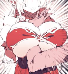 Rule 34 | 10s, 1girl, alicia (granblue fantasy), arm between breasts, between breasts, breasts, deep skin, draph, granblue fantasy, head out of frame, horns, huge breasts, norasame (dagako), pointy ears, smile, solo focus