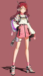 Rule 34 | 1girl, absurdres, character name, closed mouth, clothes writing, commentary, corsetman, english text, full body, hand on own hip, headset, high heels, highres, id card, long hair, long sleeves, looking at viewer, love live!, love live! sunshine!!, miniskirt, pink background, pink skirt, pink socks, pouch, red hair, sakurauchi riko, shadow, shirt, simple background, skirt, sleeves past fingers, sleeves past wrists, smile, socks, solo, standing, swept bangs, thigh pouch, thigh strap, turtleneck, white footwear, white shirt, yellow eyes