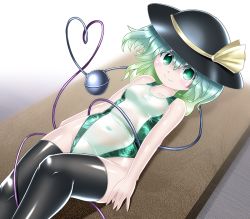 Rule 34 | 1girl, bow, breasts, come hither, competition swimsuit, eyeball, green eyes, green hair, hat, hat bow, hat ribbon, heart, heart of string, komeiji koishi, one-piece swimsuit, ribbon, shiny clothes, small breasts, smile, solo, swimsuit, thighhighs, third eye, touhou, wavy hair, winn