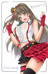 Rule 34 | 1girl, artist name, belt, breasts, brown hair, center frills, cyclone (reizei), fingerless gloves, frilled skirt, frills, gloves, large breasts, bridal garter, long hair, love live!, love live! school idol project, midriff, minami kotori, navel, one side up, open mouth, see-through, side ponytail, skirt, solo, thighhighs, translation request, yellow eyes