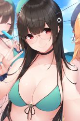 Rule 34 | 3girls, adapted costume, arm up, bare arms, bare shoulders, bikini, black hair, blue hat, blunt bangs, breasts, choker, choukai (kancolle), closed mouth, front-tie bikini top, front-tie top, glasses, green bikini, hat, headgear, highres, kantai collection, long hair, looking at viewer, medium breasts, multiple girls, peaked cap, portrait, red eyes, remodel (kantai collection), rimless eyewear, scrunchie, smile, solo focus, straight hair, swimsuit, v, very long hair, wrist scrunchie, yukichi (sukiyaki39)